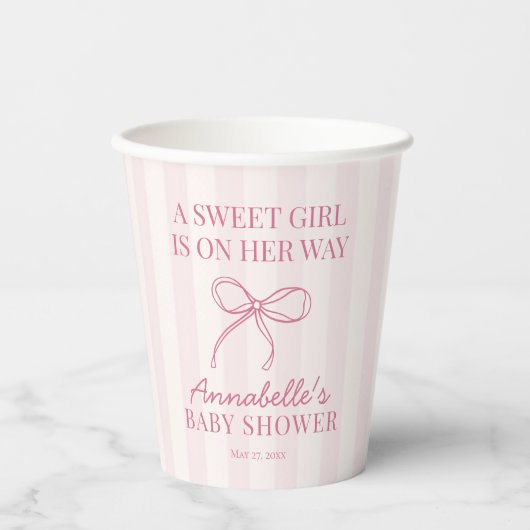 Roze Coquette Bow Pastel Gestreept Baby shower Papieren Bekers (Voorkant)