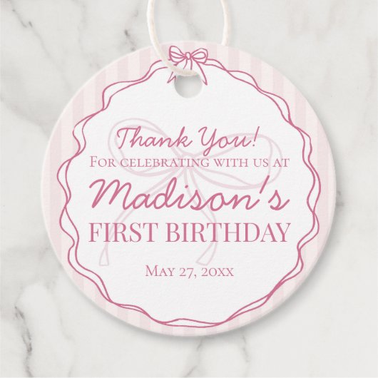 Roze Coquette Bow Pastel Gestreepte Verjaardag Bedankjes Labels (Voorkant)
