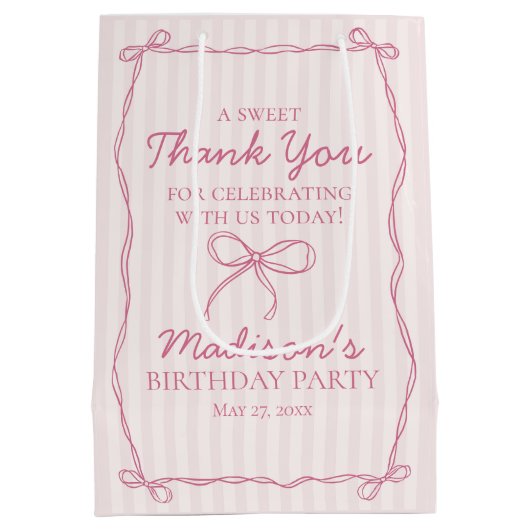 Roze Coquette Bow Pastel Gestreepte Verjaardagsgun Medium Cadeauzakje (Achterkant)