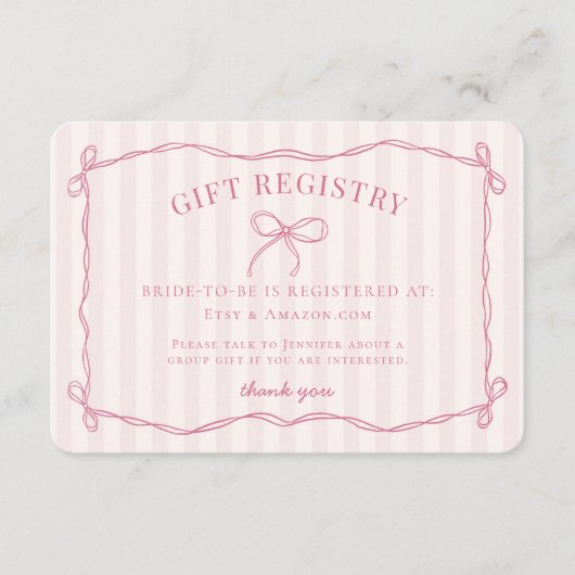 Roze Coquette Bow Pastel Vrijgezellenfeest Registr Informatiekaartje (Voorkant)