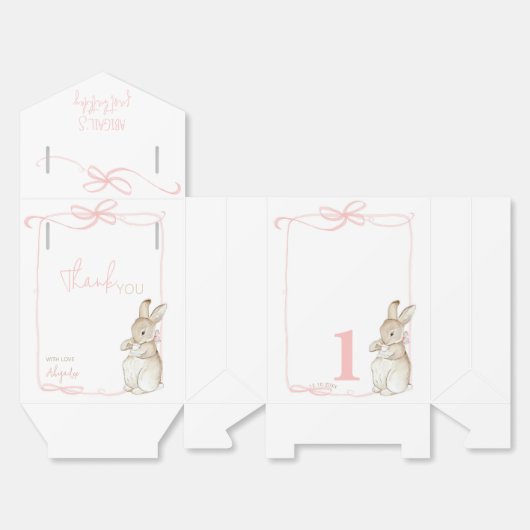Roze Coquette Bow Peter het Konijn 1e Verjaardag Bedankdoosjes (Ongevouwen)