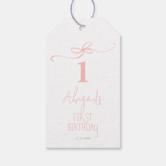 Roze Coquette Bow Peter het Konijn 1e Verjaardag Cadeaulabel (Achterkant)