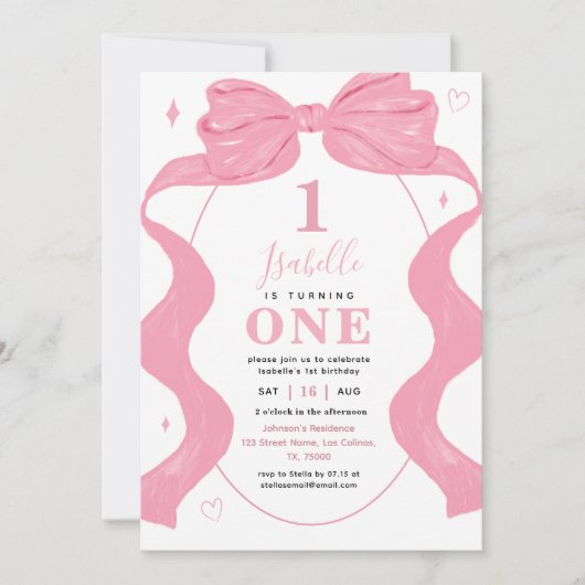 Roze Coquette Bow & Photo Ribbon 1st Girl Verjaard Kaart (Voorkant)