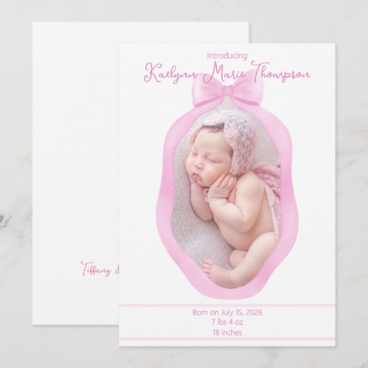 Roze Coquette Bow Ribbon Geboorteaankondiging Kaart (Voorkant / Achterkant)