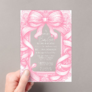 Roze Coquette Bow Ribbon Toile de Jouy Baby shower Acryl Uitnodigingen