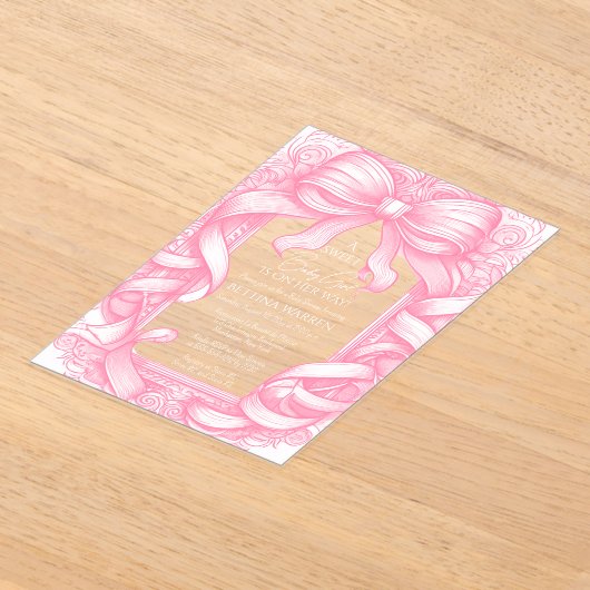 Roze Coquette Bow Ribbon Toile de Jouy Baby shower Acryl Uitnodigingen (Laagn)