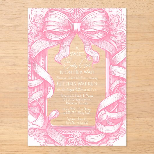 Roze Coquette Bow Ribbon Toile de Jouy Baby shower Acryl Uitnodigingen (Voorkant)
