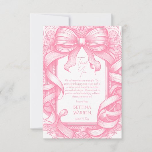 Roze Coquette Bow Ribbon Toile de Jouy Baby shower Bedankkaart (Voorkant)