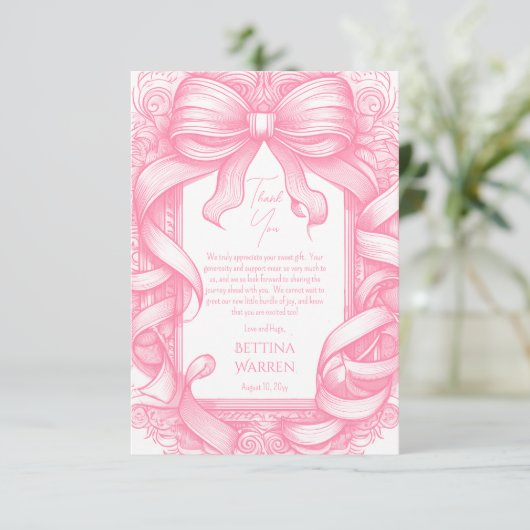 Roze Coquette Bow Ribbon Toile de Jouy Baby shower Bedankkaart (Staand voorkant)