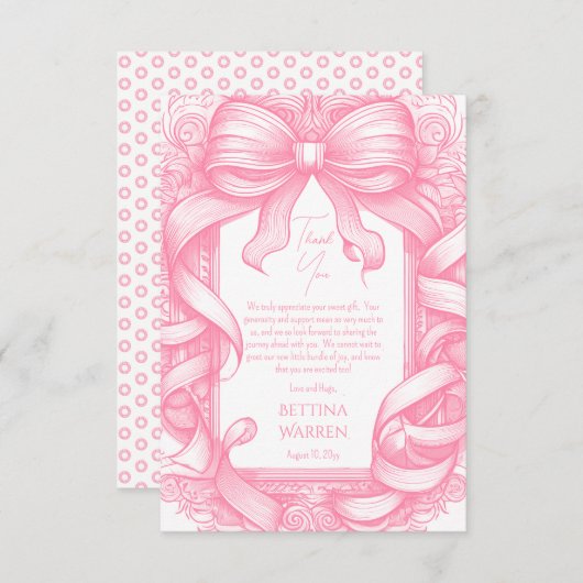 Roze Coquette Bow Ribbon Toile de Jouy Baby shower Bedankkaart (Voorkant / Achterkant)