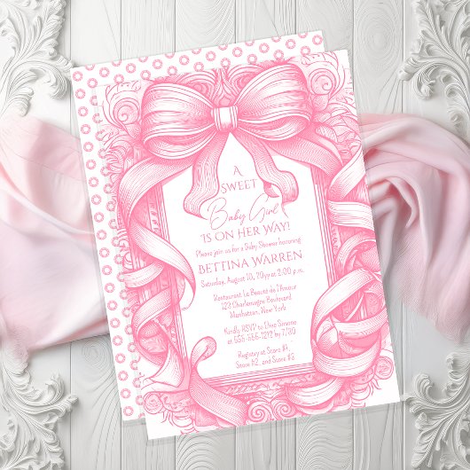 Roze Coquette Bow Ribbon Toile de Jouy Baby shower Kaart