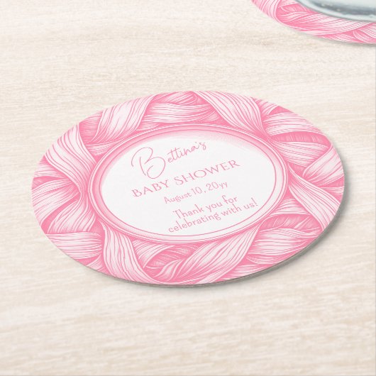 Roze Coquette Bow Ribbon Toile de Jouy Baby shower Ronde Kartonnen Onderzetter (Gebogen)