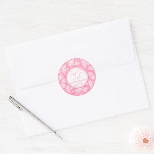 Roze Coquette Bow Ribbon Toile de Jouy Baby shower Ronde Sticker (Envelop)