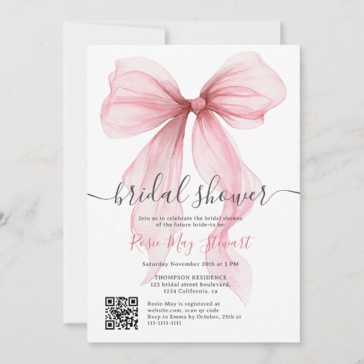 Roze Coquette Bow Romantische Qr code Vrijgezellen Kaart (Voorkant)