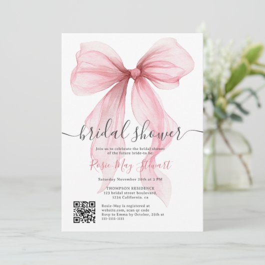 Roze Coquette Bow Romantische Qr code Vrijgezellen Kaart (Staand voorkant)