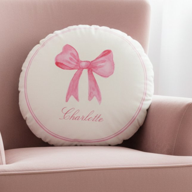 Roze Coquette Bow Rond Kussen (cute sweet pink bow round pillow for girly coquette home decor, great gift for teen girls)