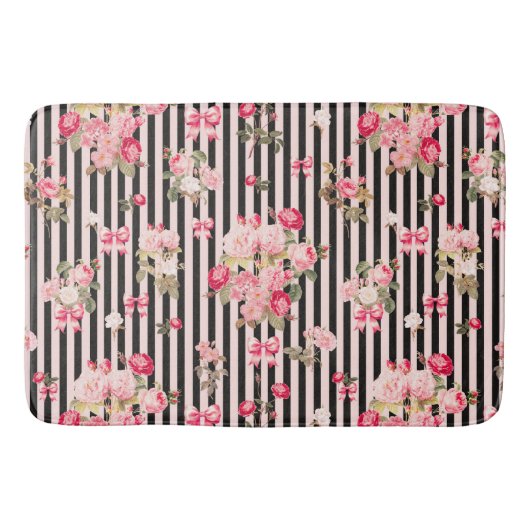 Roze Coquette Bow Rozen Zwart Strepen Badmat (Voorkant)