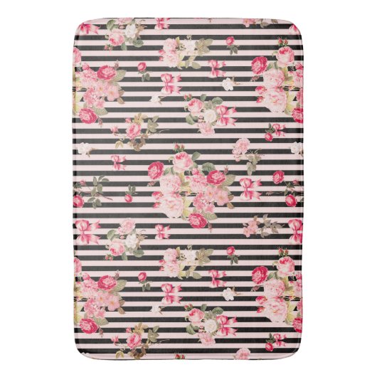 Roze Coquette Bow  Rozen Zwart Strepen Badmat (Voorkant Verticaal)