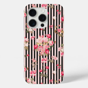 Roze Coquette Bow Rozen Zwart Strepen iPhone 15 Pro Case