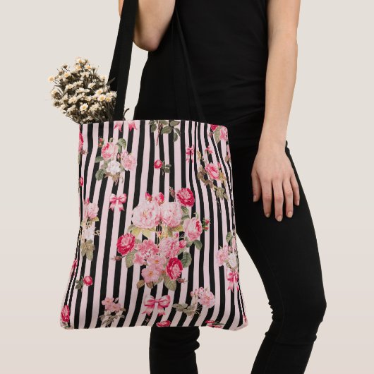 Roze Coquette Bow  Rozen Zwart Strepen Tote Bag (Dichtbij)