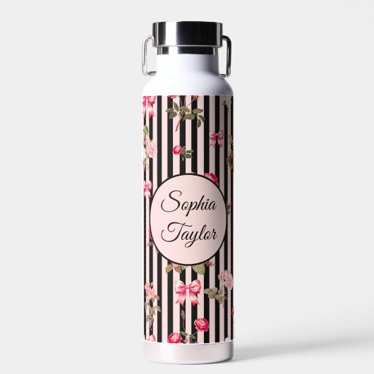 Roze Coquette Bow  Rozen Zwart Strepen Waterfles (Voorkant)