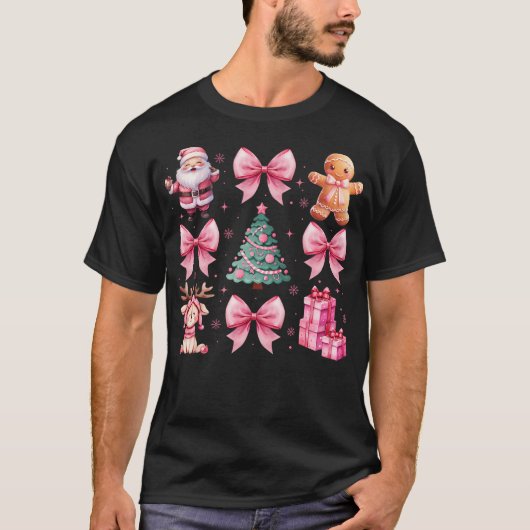 Roze Coquette Bow Santa Gingerbread Kerst Schattig T-shirt (Voorkant)
