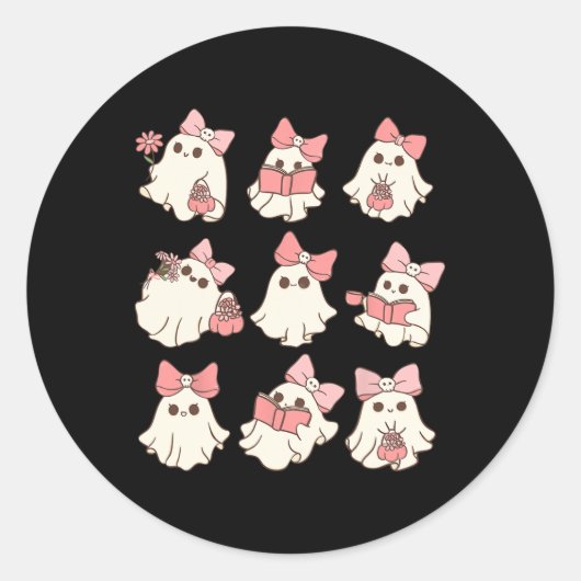 Roze Coquette Bow Schattigee Ghost Halloween Spook Ronde Sticker (Voorkant)
