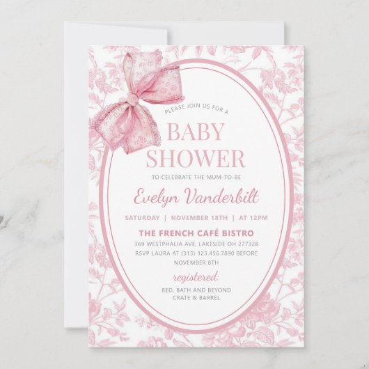 Roze Coquette Bow Toile Chinoiserie Baby shower Kaart (Voorkant)