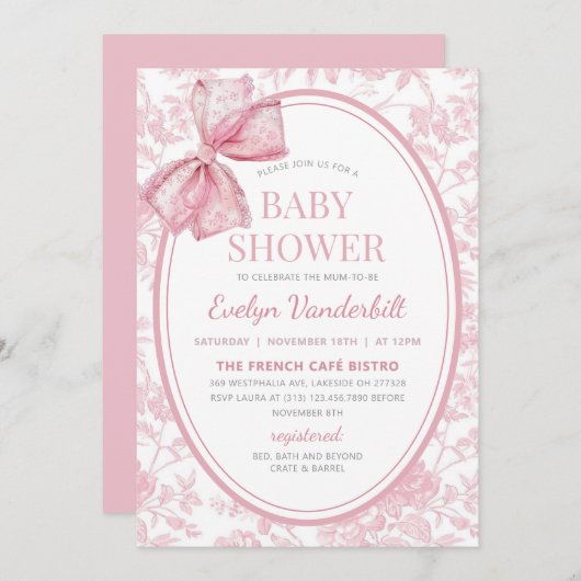 Roze Coquette Bow Toile Chinoiserie Baby shower Kaart (Voorkant / Achterkant)