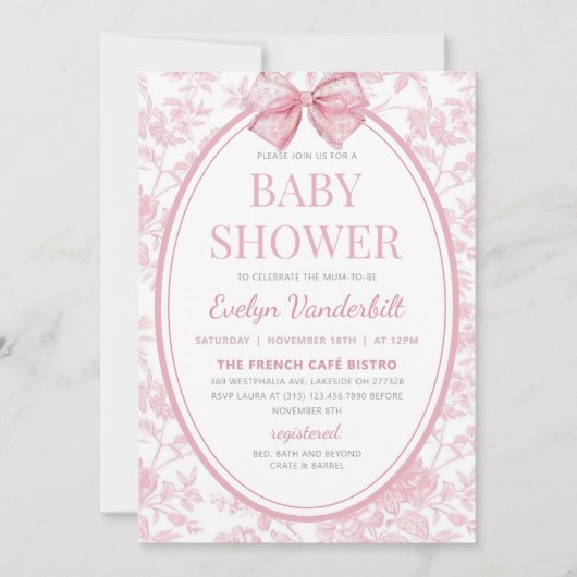 Roze Coquette Bow Toile Chinoiserie Baby shower Kaart (Voorkant)