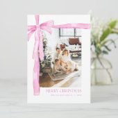 Roze Coquette Bow Vakantiefoto Kerst Kaart (Staand voorkant)