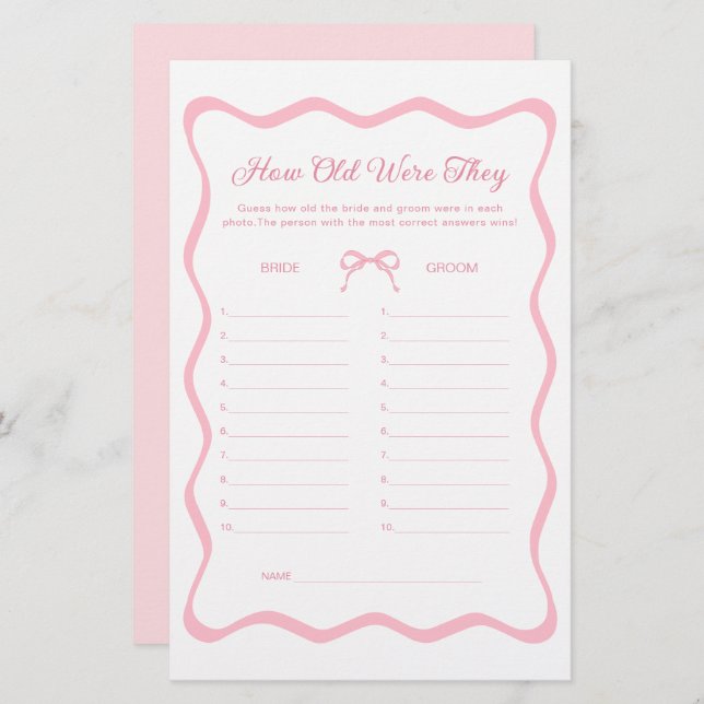 Roze Coquette Bow Vrijgezellenfeest Guess The Age  (Voorkant / Achterkant)