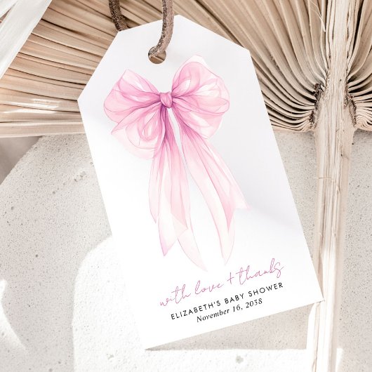 Roze Coquette Bow Waterverf Baby Meisje Douche Cadeaulabel