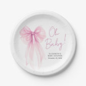 Roze Coquette Bow Waterverf Baby Meisje Douche Papieren Bordje (Voorkant)