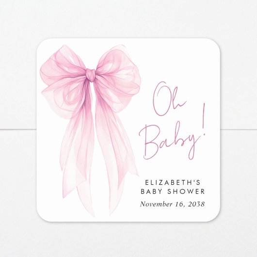Roze Coquette Bow Waterverf Baby Meisje Douche Vierkante Sticker