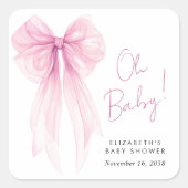 Roze Coquette Bow Waterverf Baby Meisje Douche Vierkante Sticker (Voorkant)