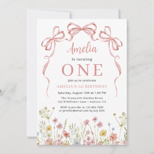 Roze Coquette Bow Wildflower 1e Verjaardag Meisje Kaart (Voorkant)