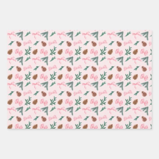 Roze Coquette Bows en Evergreen Pine Boughs Inpakpapier Vel (Voorkant 3)
