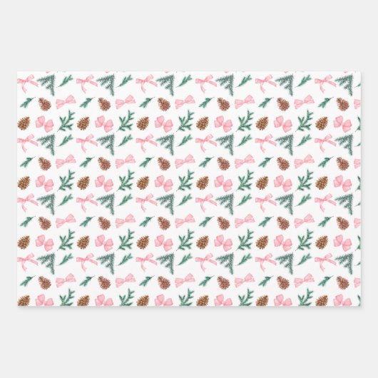 Roze Coquette Bows en Evergreen Pine Boughs Inpakpapier Vel (Voorkant)