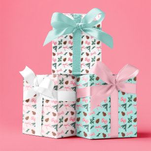Roze Coquette Bows en Evergreen Pine Boughs Inpakpapier Vel