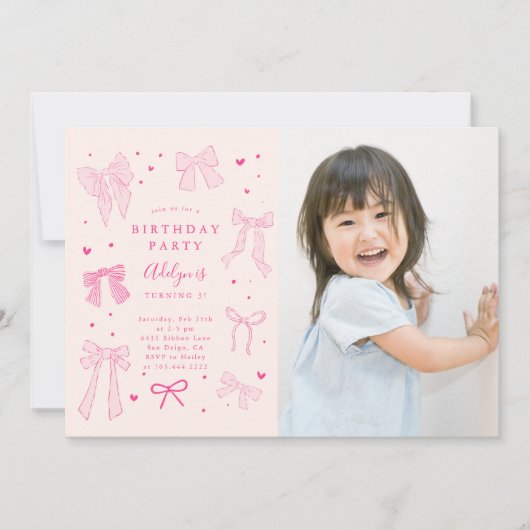 Roze Coquette Bows Verjaardagsfeest Foto Kaart (Voorkant)