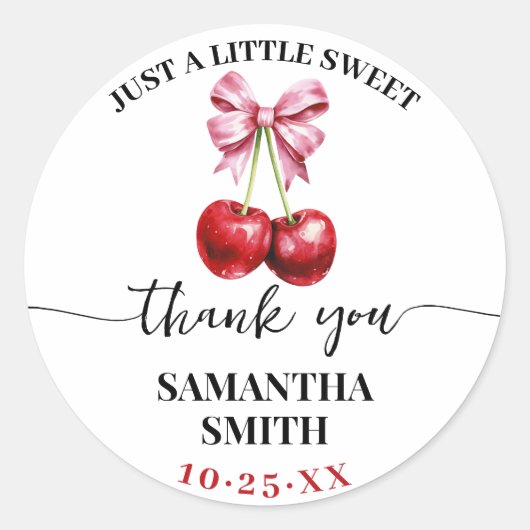 Roze Coquette Cherry Baby shower Party Favoriet Ronde Sticker (Voorkant)