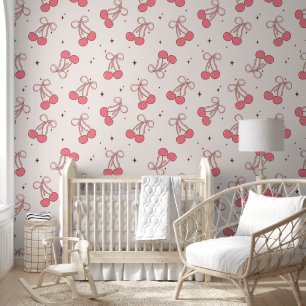 Roze Coquette Cherry Bow Patroon Wallpaper Behang