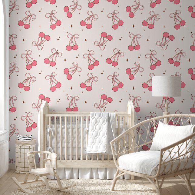 Roze Coquette Cherry Bow Patroon Wallpaper Behang (Kinderen)