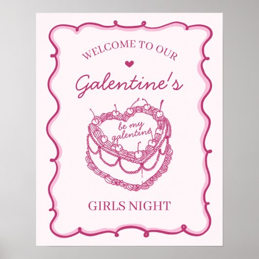 Roze Coquette Cherry Cake Galentines Party Welkom Poster (Voorkant)