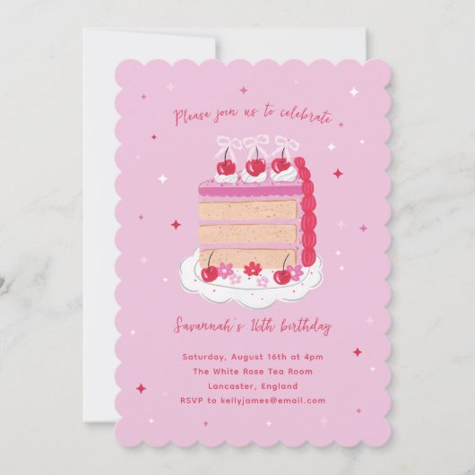 Roze Coquette Cherry Cake Verjaardag Kaart (Voorkant)