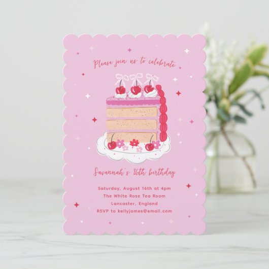 Roze  Coquette Cherry Cake Verjaardag Kaart (Staand voorkant)