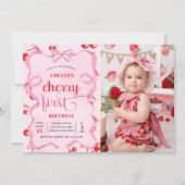 Roze Coquette Cherry Eerste Verjaardag Foto Kaart (Voorkant)