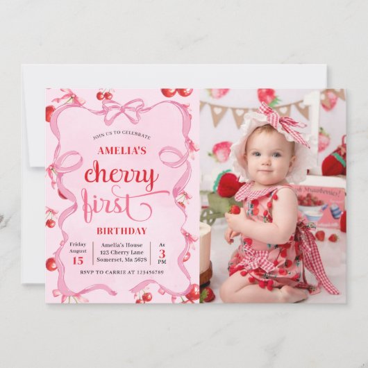 Roze Coquette Cherry Eerste Verjaardag Foto Kaart (Voorkant)