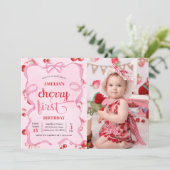 Roze Coquette Cherry Eerste Verjaardag Foto Kaart (Staand voorkant)